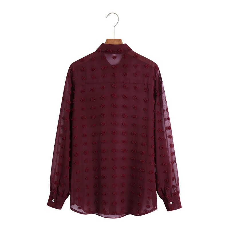 Women Clothing Polo Collar Solid Color Polka Dot Embroidered Long-Sleeved Shirt Top - Image 5