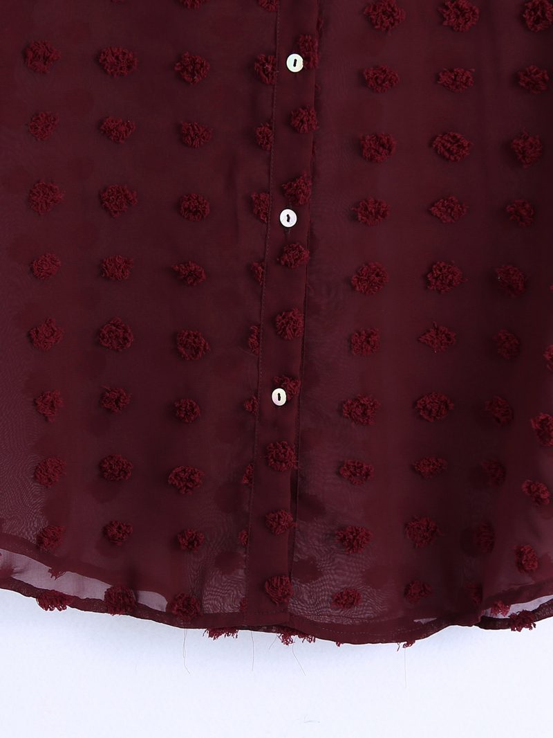 Women Clothing Polo Collar Solid Color Polka Dot Embroidered Long-Sleeved Shirt Top - Image 6