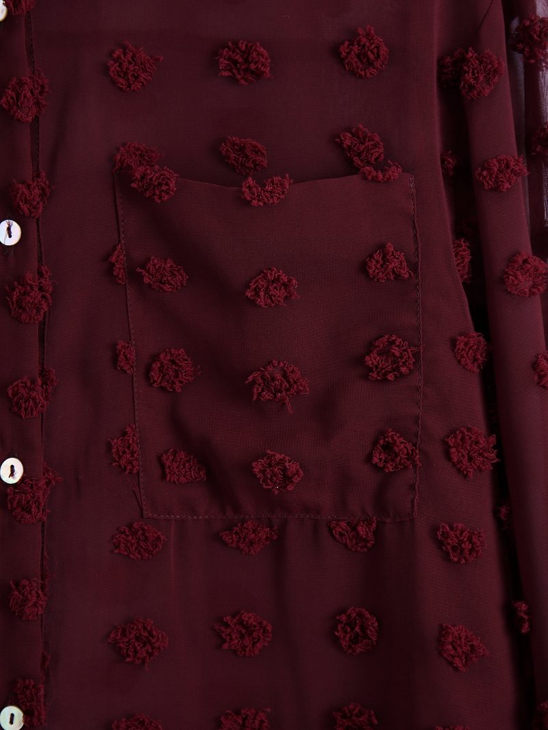 Women Clothing Polo Collar Solid Color Polka Dot Embroidered Long-Sleeved Shirt Top - Image 8