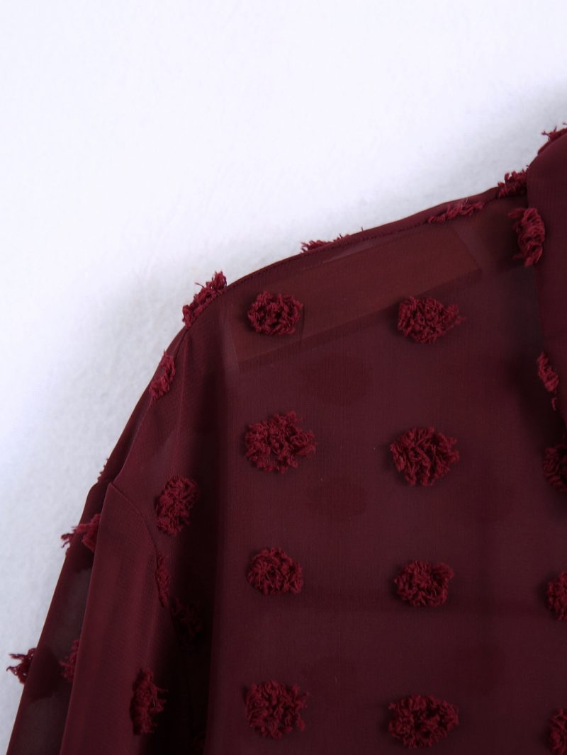 Women Clothing Polo Collar Solid Color Polka Dot Embroidered Long-Sleeved Shirt Top - Image 9