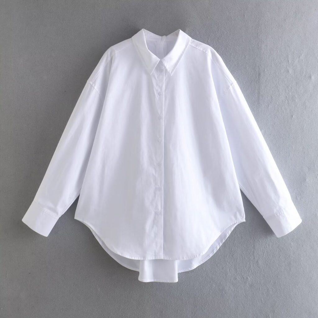 Summer Cotton Solid Color Loose-Fitting Women Shirt Front Rear Collared Poplin Long Sleeve Shirt for Women - Image 2