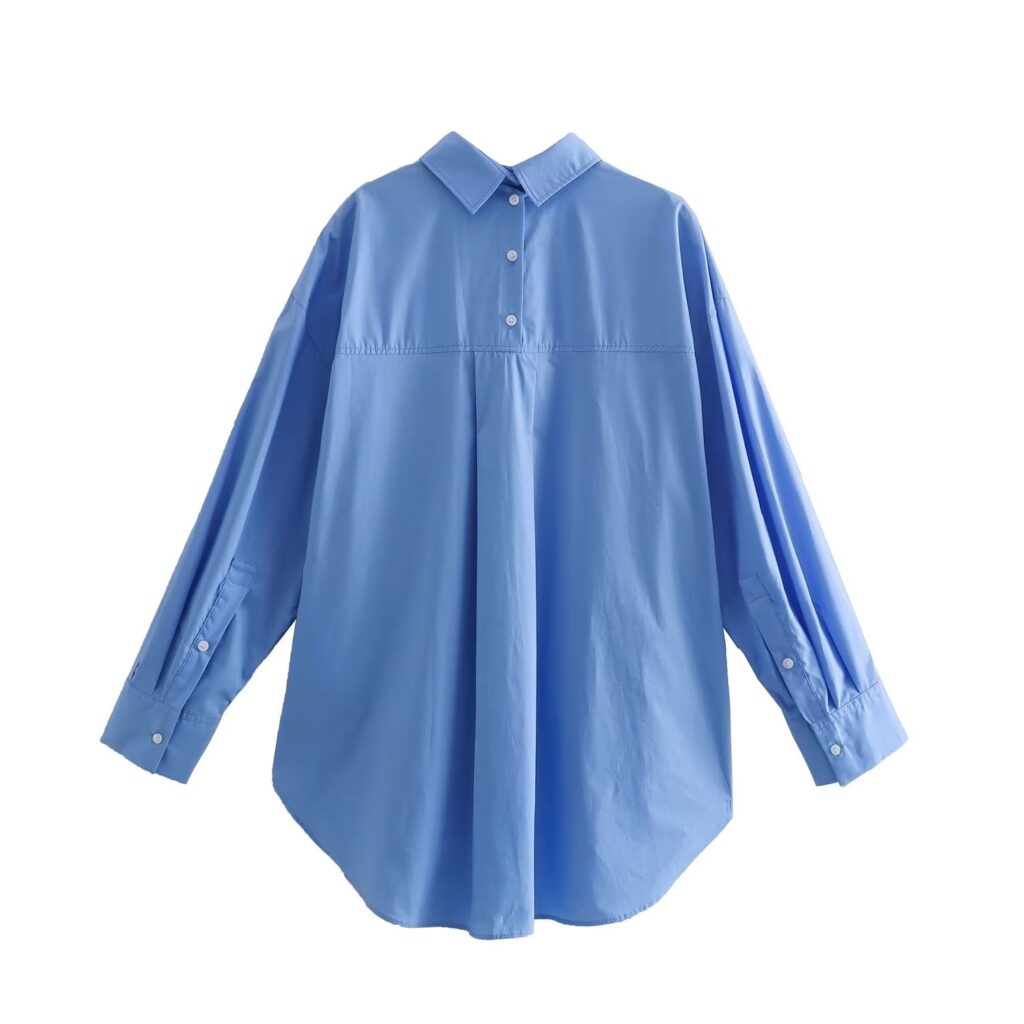 Summer Cotton Solid Color Loose-Fitting Women Shirt Front Rear Collared Poplin Long Sleeve Shirt for Women - Image 3