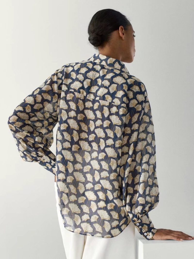 Early Autumn French Minority All-Match Loose Ginkgo Leaf Printing Breasted Loose Shirt - Image 2