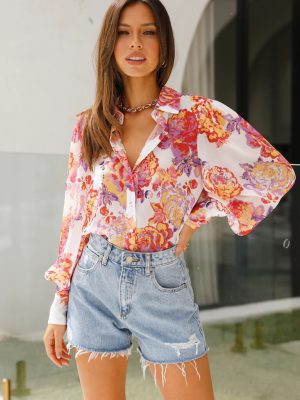 Women Floral Cardigan Top Lantern Long Sleeve Summer Chiffon Shirt Western High Sense Shirt