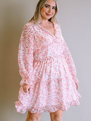 Pink Frilled Tiered Floral Plus Size Dress