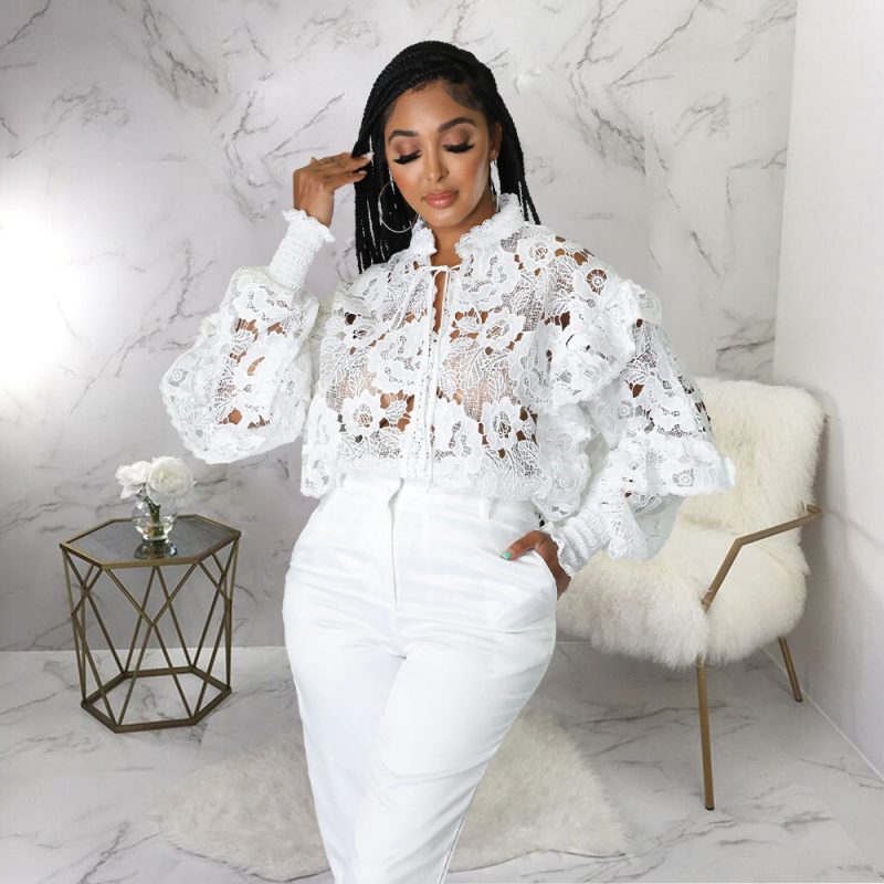 Women Hollow Out Cutout out Flounce Trim Lace up Cardigan Lantern Sleeve - Image 3