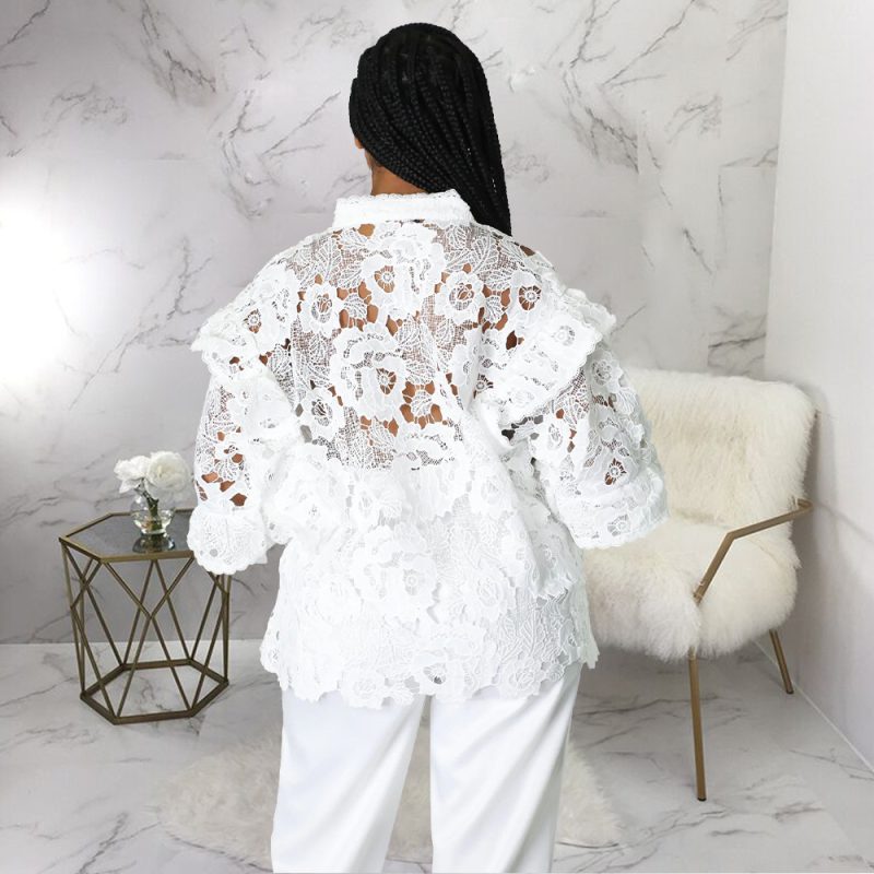 Women Hollow Out Cutout out Flounce Trim Lace up Cardigan Lantern Sleeve - Image 4