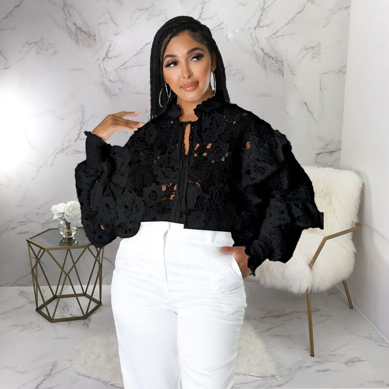 Women Hollow Out Cutout out Flounce Trim Lace up Cardigan Lantern Sleeve - Image 6