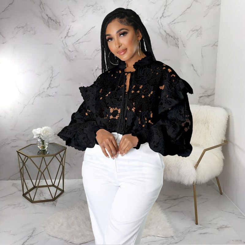 Women Hollow Out Cutout out Flounce Trim Lace up Cardigan Lantern Sleeve - Image 7