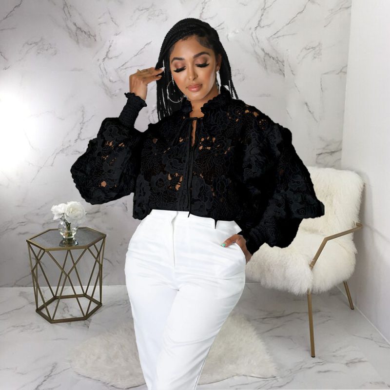 Women Hollow Out Cutout out Flounce Trim Lace up Cardigan Lantern Sleeve - Image 9