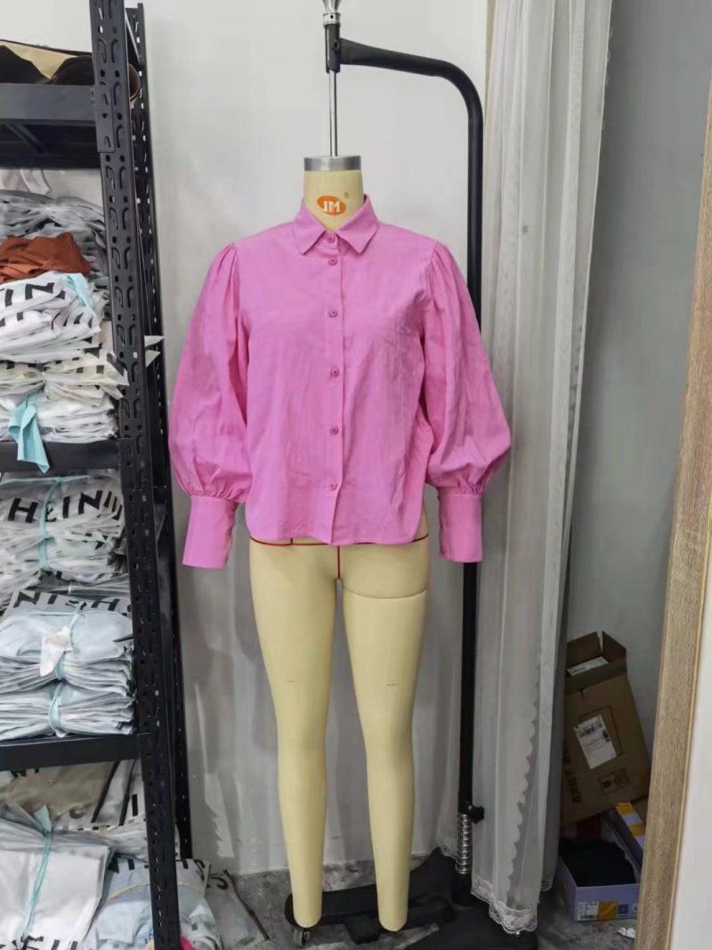 For Polo Collar Solid Color Single-Breasted Lantern Sleeve Cotton Long-Sleeved Shirt For Women - Image 2