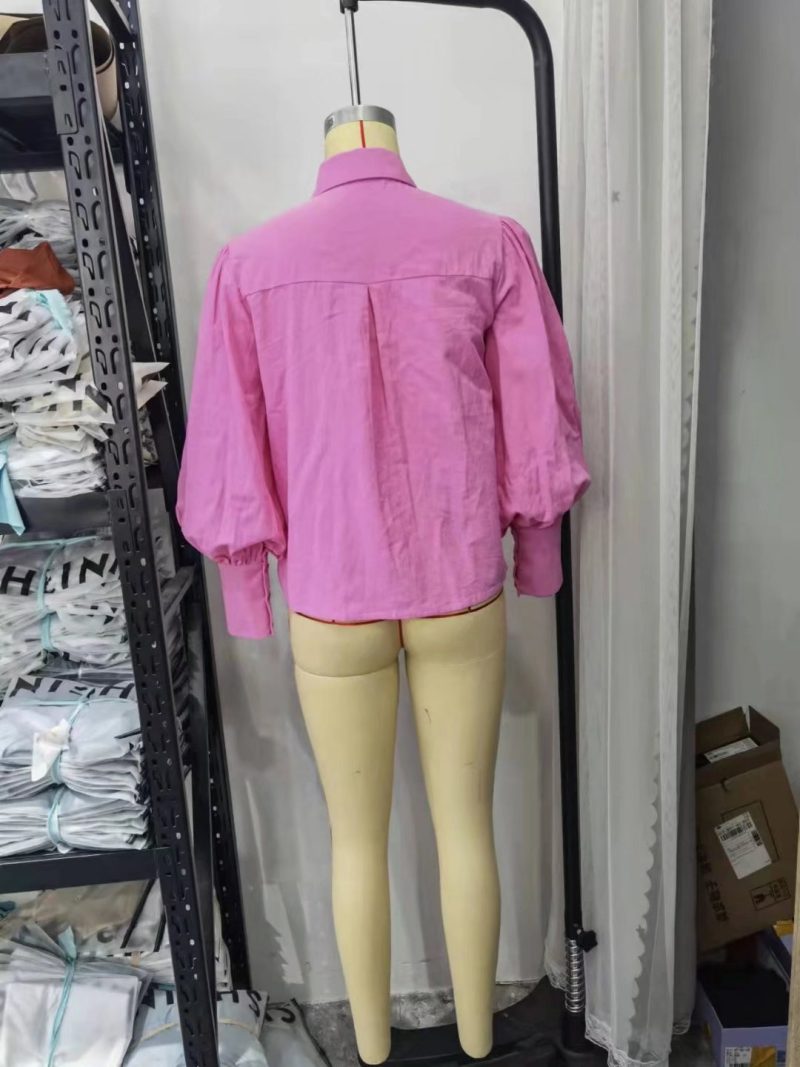 For Polo Collar Solid Color Single-Breasted Lantern Sleeve Cotton Long-Sleeved Shirt For Women - Image 3