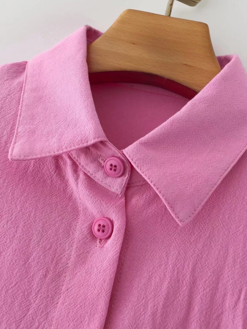 For Polo Collar Solid Color Single-Breasted Lantern Sleeve Cotton Long-Sleeved Shirt For Women - Image 5