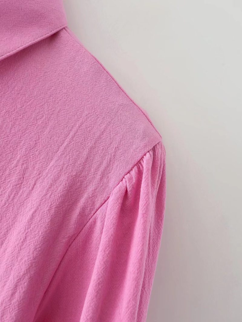 For Polo Collar Solid Color Single-Breasted Lantern Sleeve Cotton Long-Sleeved Shirt For Women - Image 6