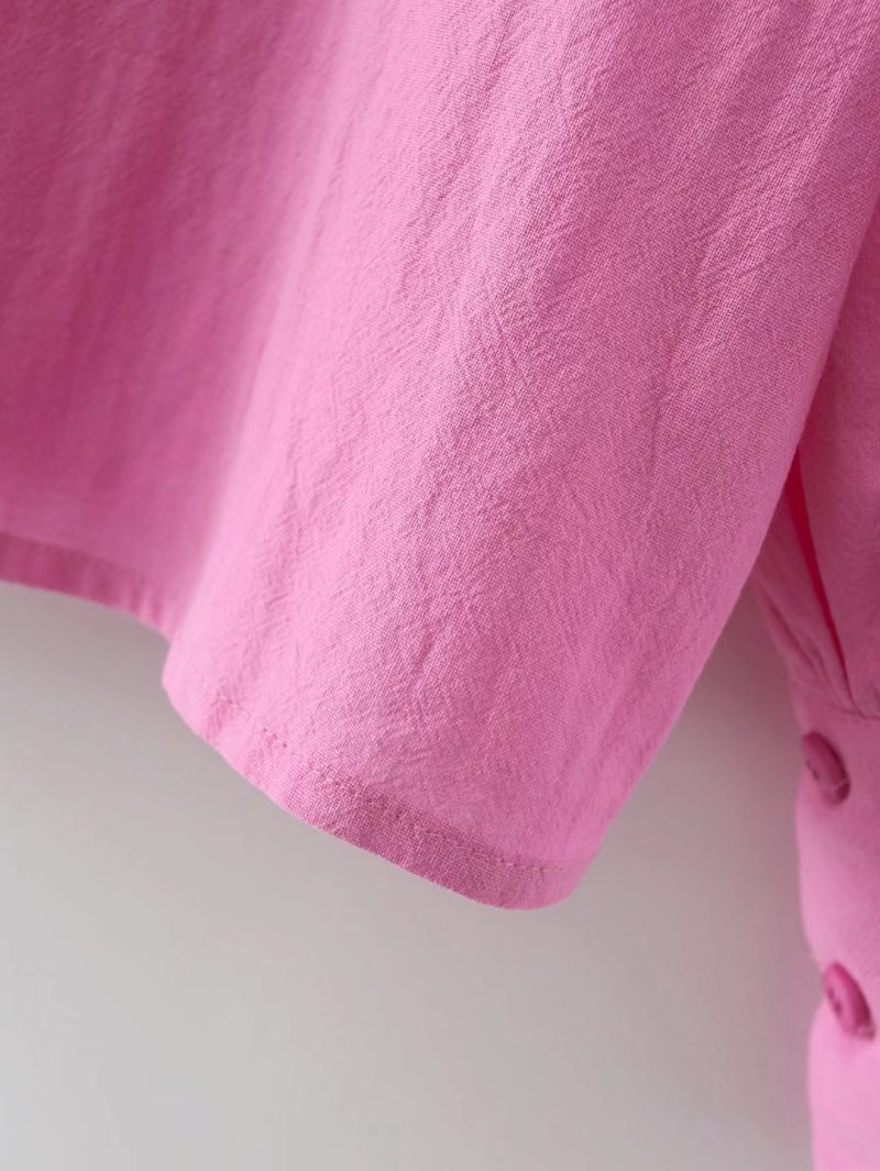 For Polo Collar Solid Color Single-Breasted Lantern Sleeve Cotton Long-Sleeved Shirt For Women - Image 7