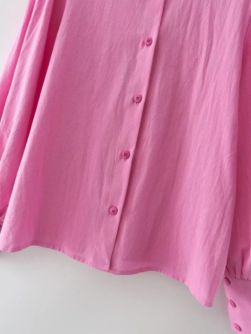 For Polo Collar Solid Color Single-Breasted Lantern Sleeve Cotton Long-Sleeved Shirt For Women - Image 8