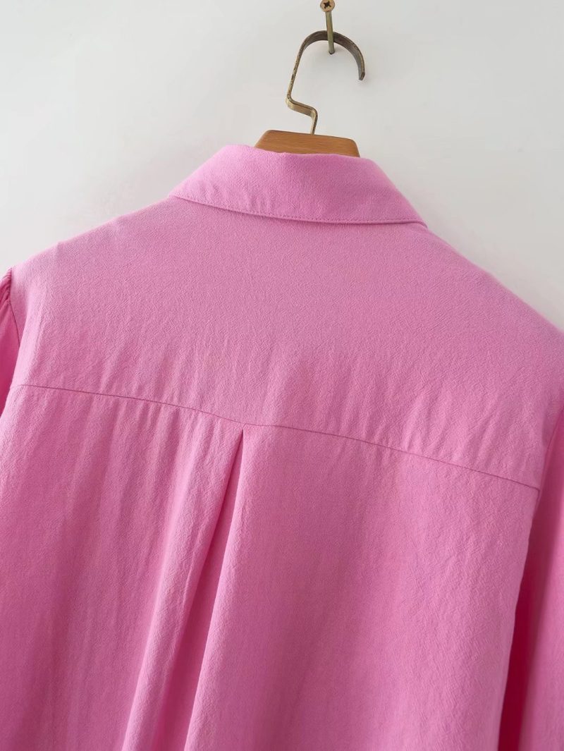 For Polo Collar Solid Color Single-Breasted Lantern Sleeve Cotton Long-Sleeved Shirt For Women - Image 11