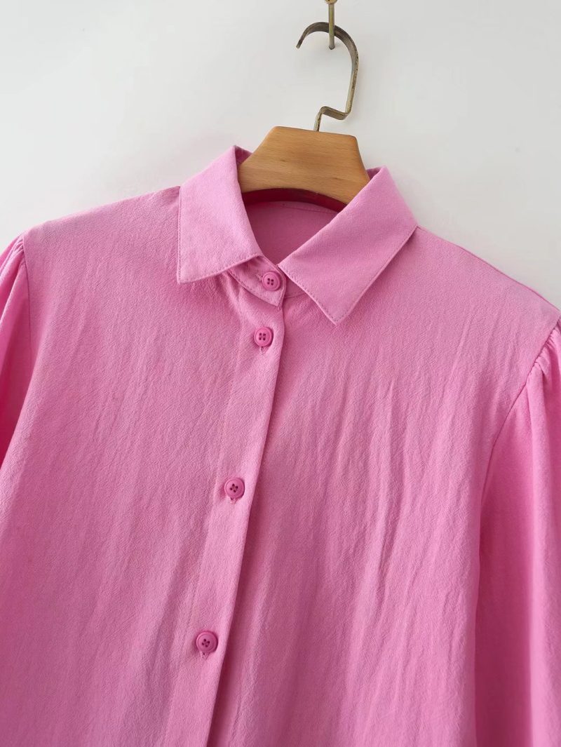 For Polo Collar Solid Color Single-Breasted Lantern Sleeve Cotton Long-Sleeved Shirt For Women - Image 9