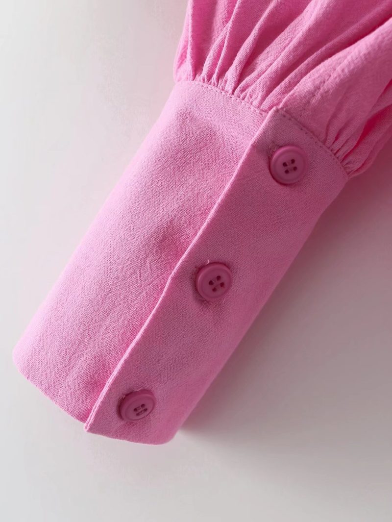 For Polo Collar Solid Color Single-Breasted Lantern Sleeve Cotton Long-Sleeved Shirt For Women - Image 10