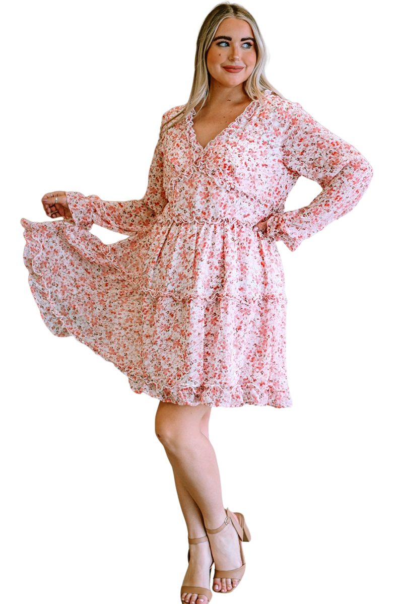 Pink Frilled Tiered Floral Plus Size Dress - Image 14
