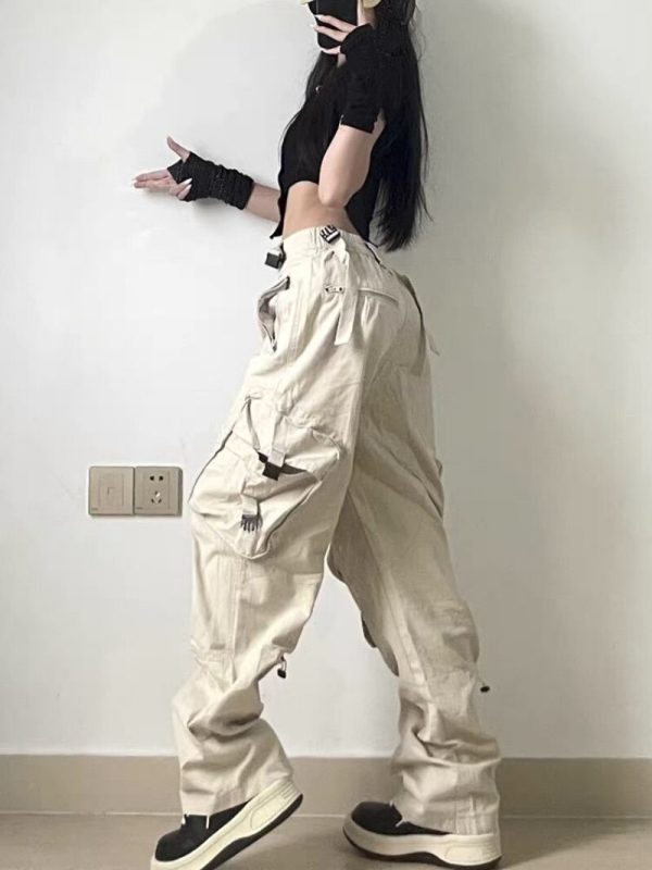 American Big Pocket Cargo Pants Women High Street Retro Hip Hop Straight Pants - Image 2