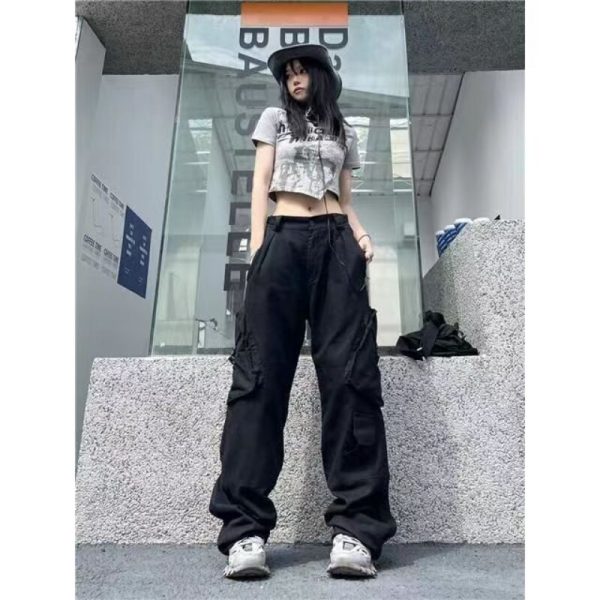 American Big Pocket Cargo Pants Women High Street Retro Hip Hop Straight Pants - Image 5