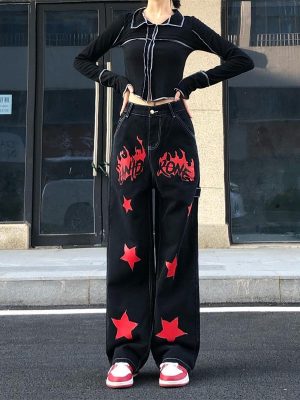 New Flame Star Print Women Jeans High Street Retro Hip Hop Style Baggy