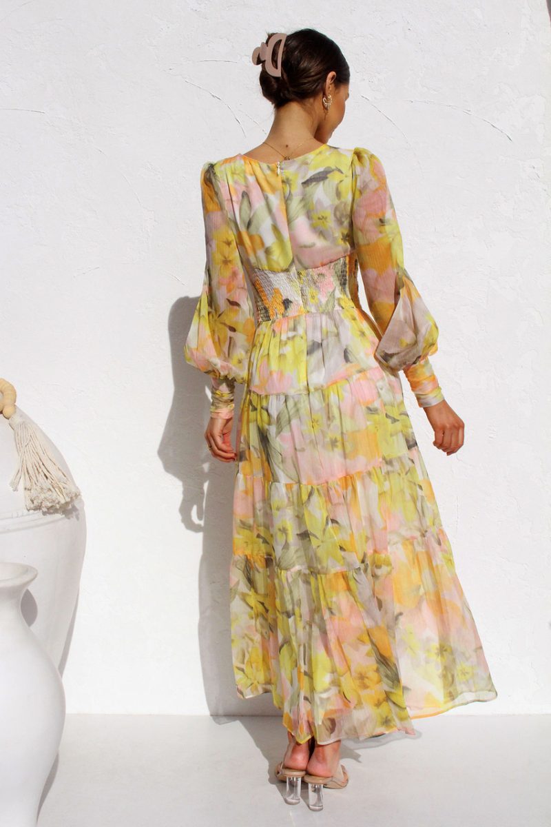 Autumn Winter Casual Printed Long Sleeve V Neck Swing Dress Maxi Dress - Image 3