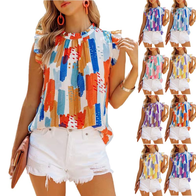 Summer Women Loose Sleeveless Top Color Printed Chiffon Shirt - Image 4