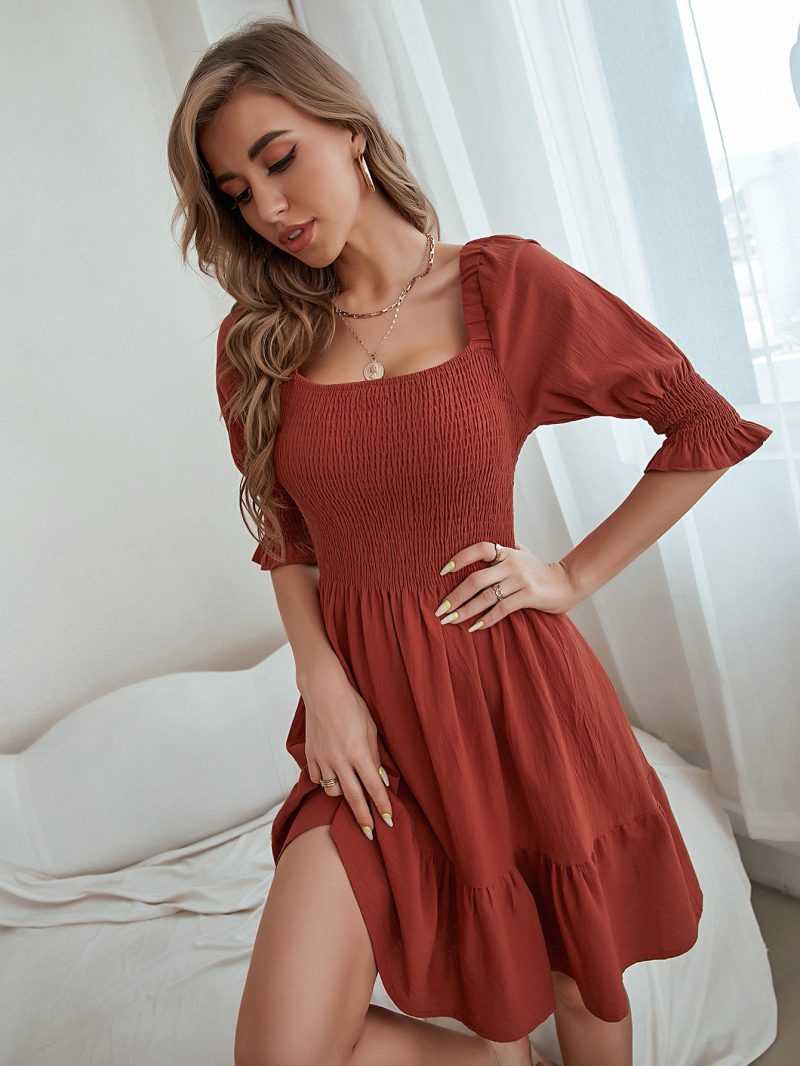 Women Clothing Solid Color Top Section Smocking Hem Stitching Dress - Image 3