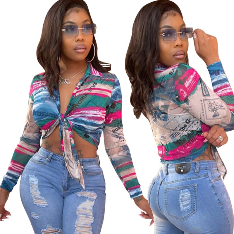 Summer Women Clothing Digital Printed Cardigan Bow Long Sleeve Shirt for Women - Image 5
