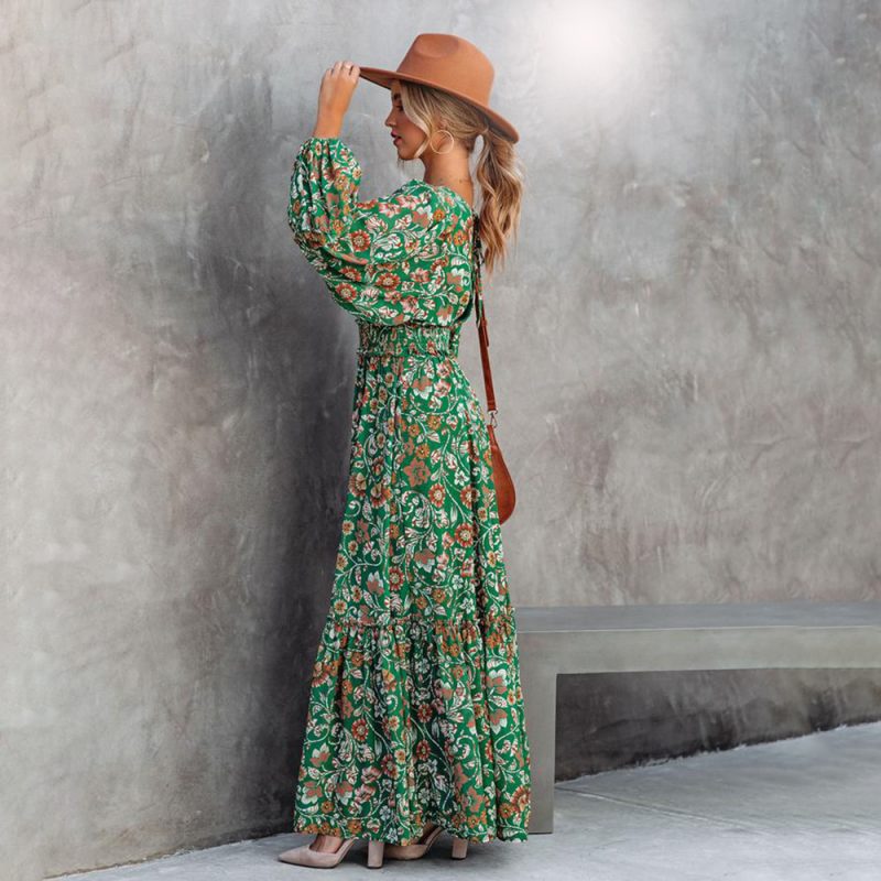 Maxi Floral Print Lantern Long Sleeve V-neck Maxi Backless Stitching Dress Maxi Dress Spring Summer - Image 4