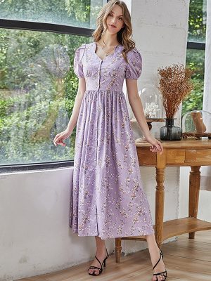 Women Clothing Square Collar Puff Sleeve High Waist Swing Dress Long Floral Dress