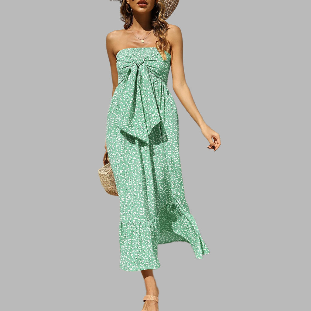 Women Summer Bohemian Floral off Shoulder Pleating Tube Top Ruffle Beach Vacation Dress