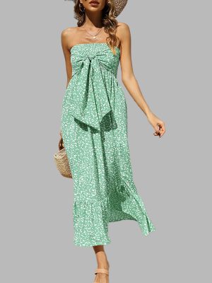 Women Summer Bohemian Floral off Shoulder Pleating Tube Top Ruffle Beach Vacation Dress