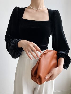 Black Pleuche Square Collar Small Shirt Women Autumn Young Puff Sleeve Shirt off-Shoulder Top