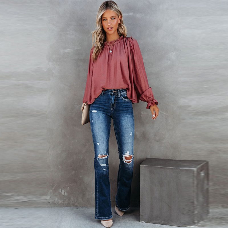 Red Ruffled Long Sleeved T shirt Women Autumn round Neck Top - Image 3