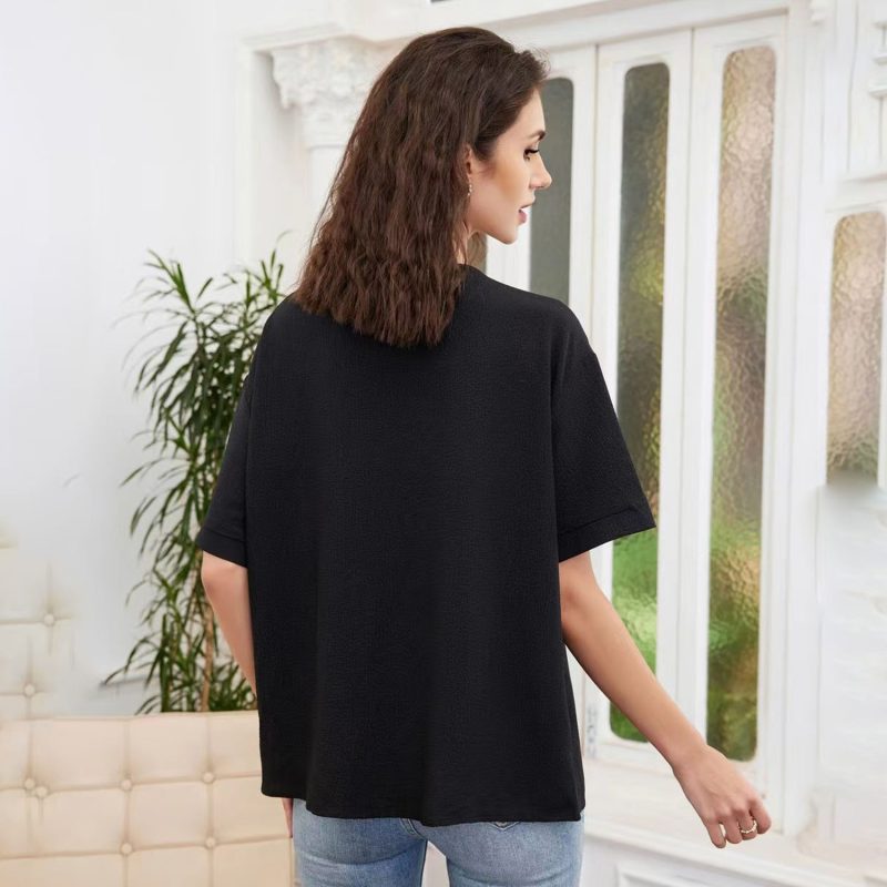 Spring Summer Women Clothing Solid Color Casual Loose V Neck Short Sleeve Shirt - Image 5