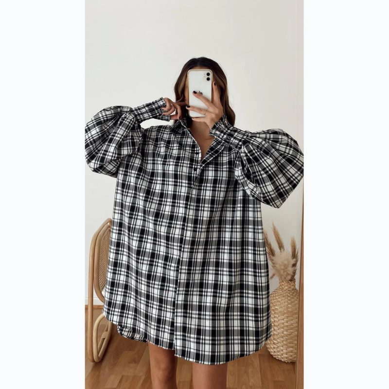 Street Autumn Winter Puff Sleeve Houndstooth Shirt - Image 2