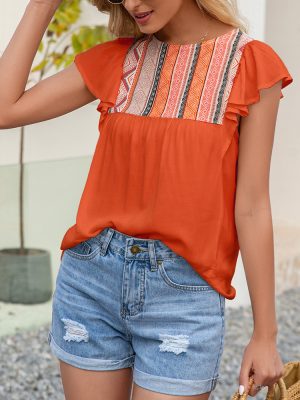 Women National round Neck Loose Ruffled Short Sleeve Top Women