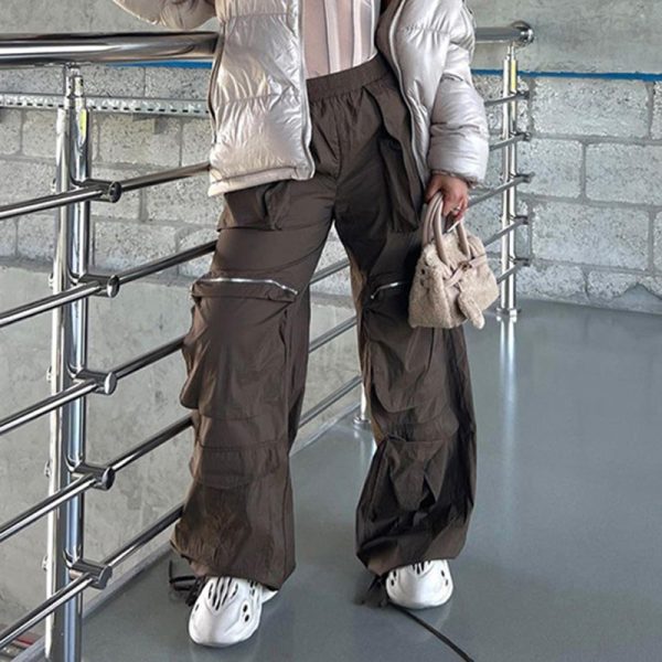 Street Large Loose Pockets Zipper Woven Pants Elastic Waist Drawstring Pants Foot Workwear Casual Trousers - Image 2