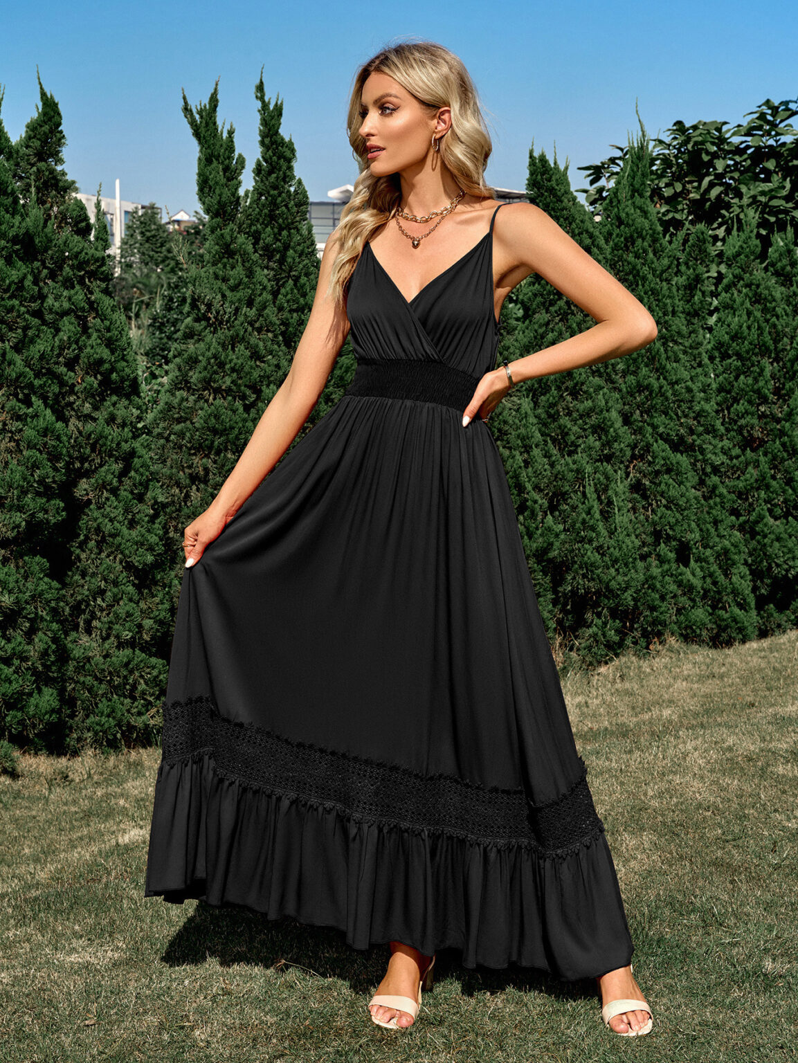 Summer Women Clothes Casual Solid Color Waist Tight V neck Strap Maxi Dress Women - Image 2