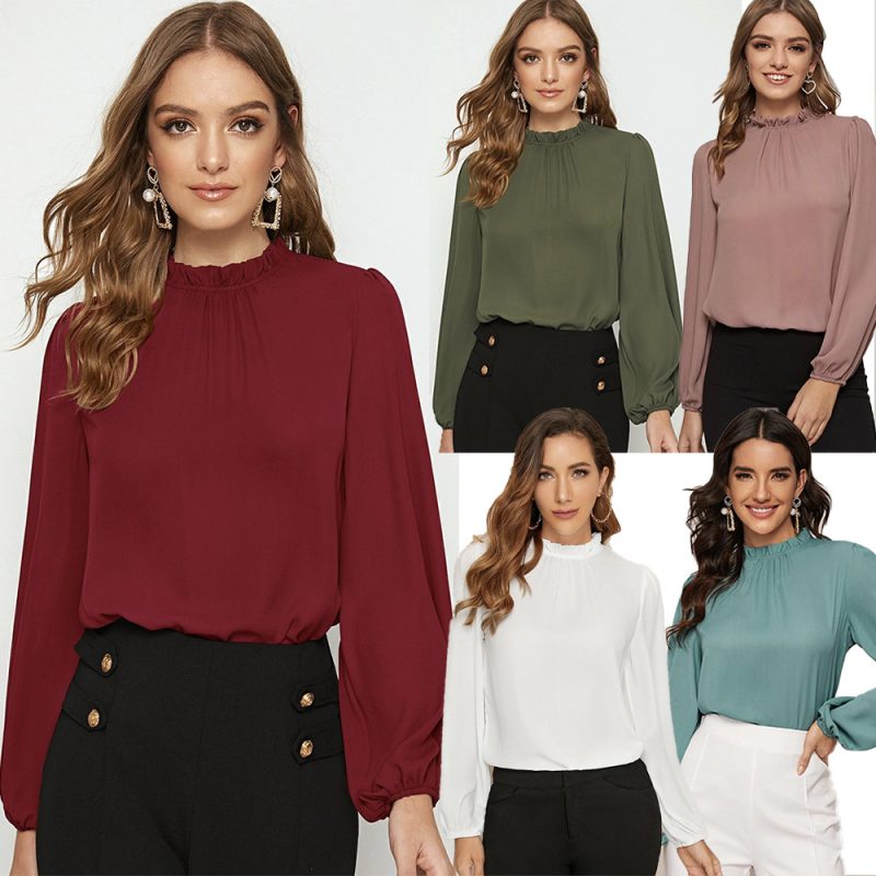 Autumn Ruffled Chiffon Office Lantern Sleeve Solid Color Stand Collar Shirt for Women - Image 5