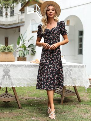 Summer Floral V-neck Puff Short Sleeve Dress for Women