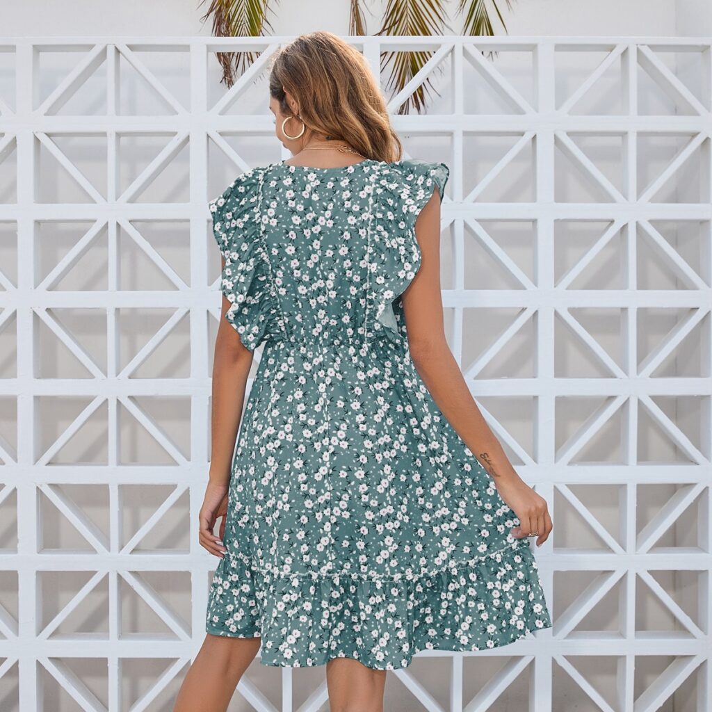 Floral Flounce Lace up Short Sleeve V neck Dress High Waist Short - Image 4
