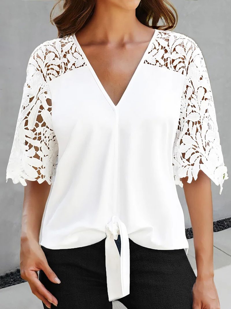 Summer V Neck Sexy Lace Cutout Short Sleeved Chiffon Blouse Women Top - Image 2