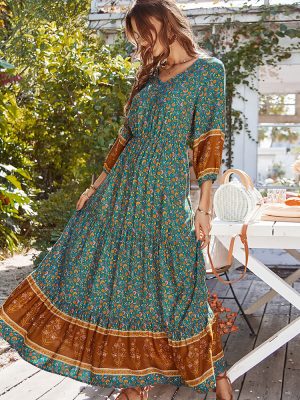 Spring Summer Printed Waist Controlled Long Sleeve Big Hem Bohemian Dress