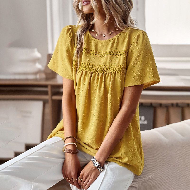 round Neck Patchwork Top Spring Summer Loose Women Wear Shirt Solid Color - Image 3