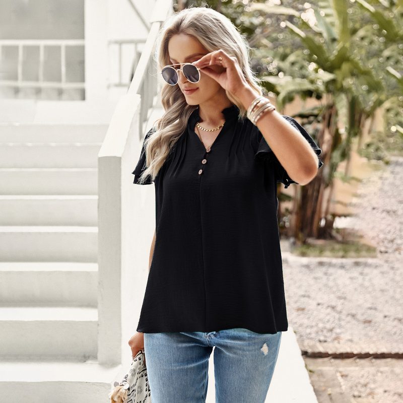 Women Clothing Short Sleeved Shirt Women Summer Elegant Ruffle Top - Image 2