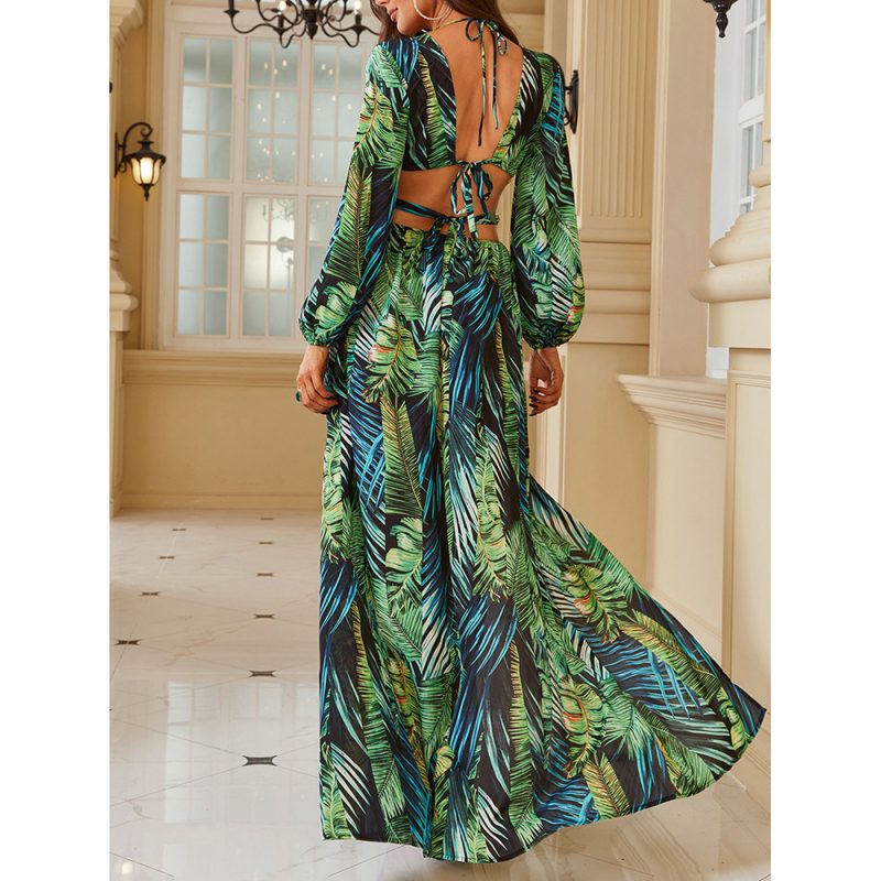Spring Summer Sexy V Neck Hollow Out Cutout Out Slit Green Printing Dress - Image 5